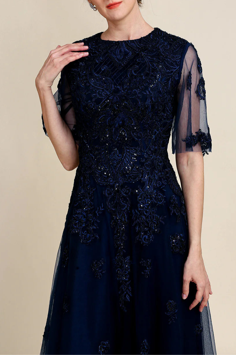 Sparkly Navy Lace Beaded Round Neck Short Sleeve Long Mother of the Bride Dress