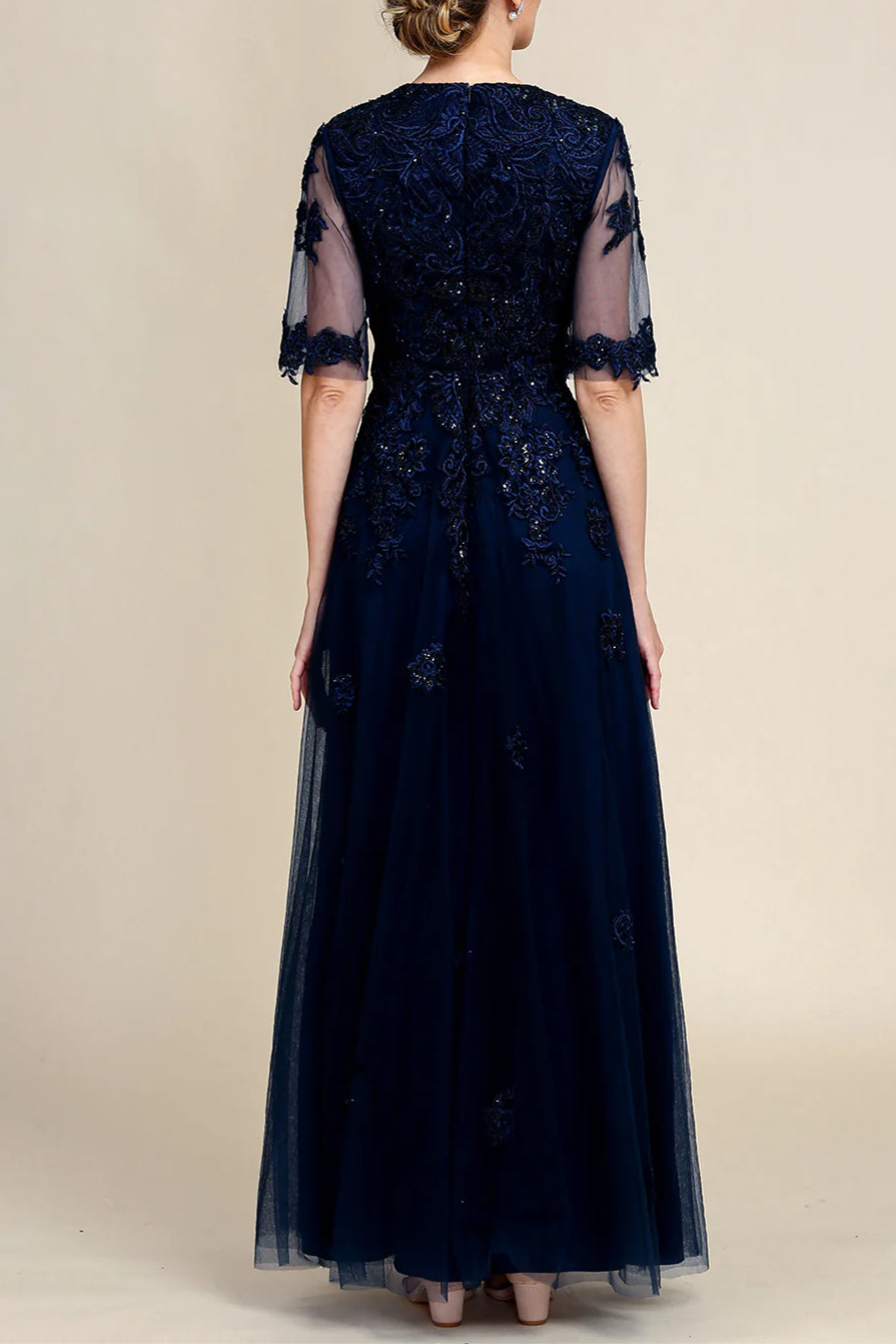 Sparkly Navy Lace Beaded Round Neck Short Sleeve Long Mother of the Bride Dress