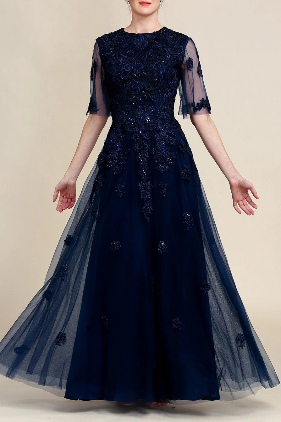Sparkly Navy Lace Beaded Round Neck Short Sleeve Long Mother of the Bride Dress