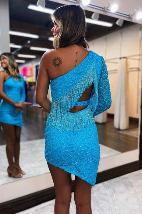Sparkly Ocean Blue One Shoulder Long Sleeves Cut Out Tight Short Homecoming Dress With Fringes