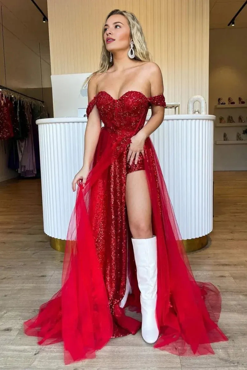 Sparkly Off the Shoulder Applique Sequins Tulle Red Long Prom Dress