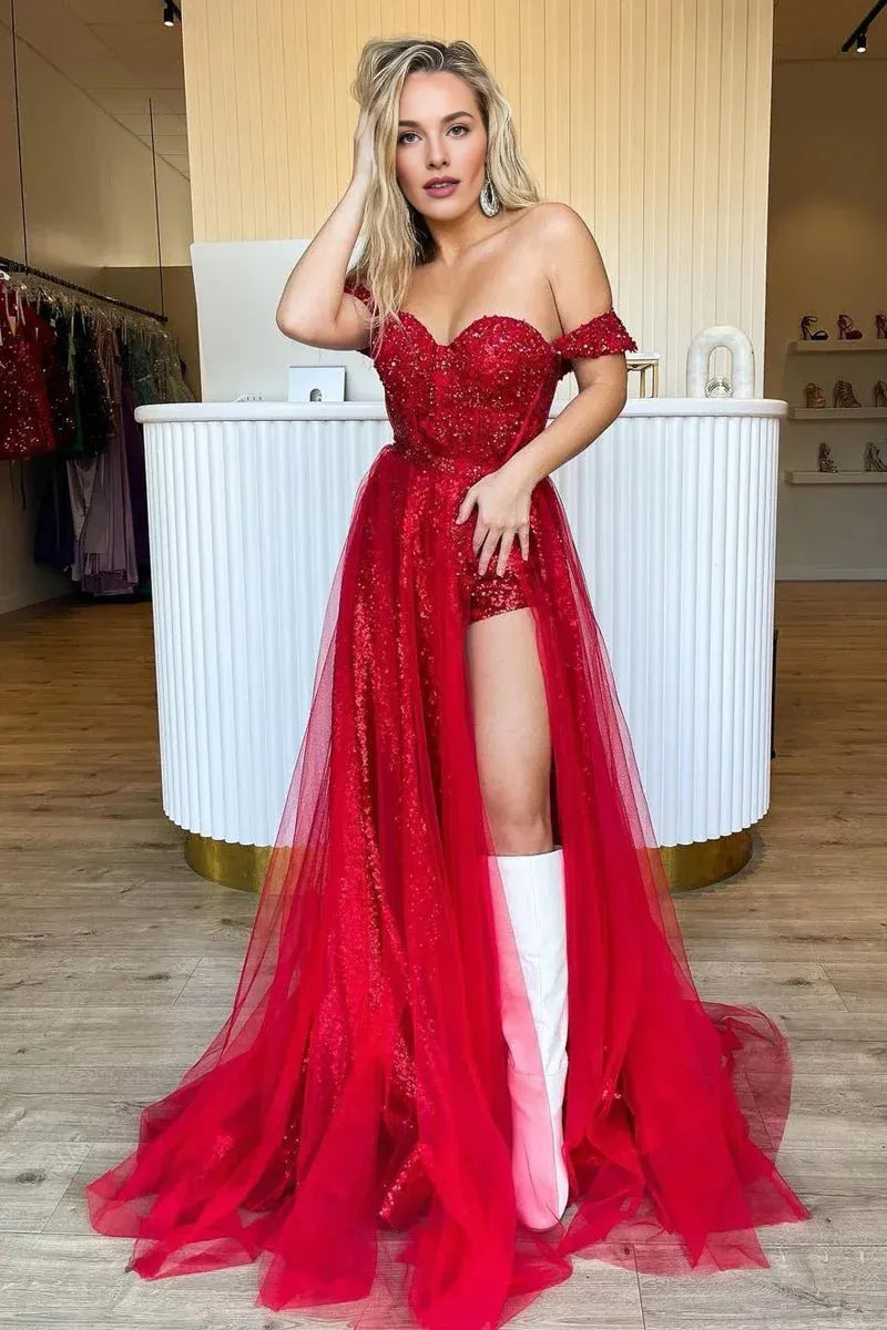 Sparkly Off the Shoulder Applique Sequins Tulle Red Long Prom Dress