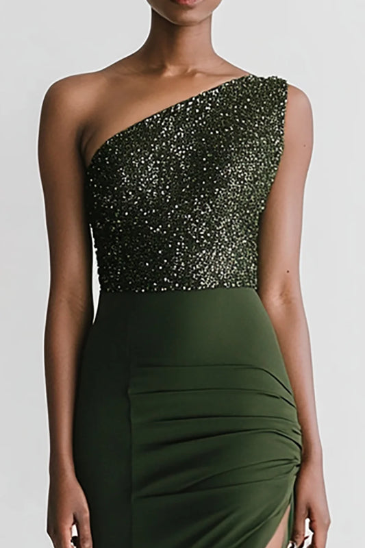 Sparkly Olive Satin Sequins One Shoulder Mermaid Pleated Slit Long Evening Dress With Train