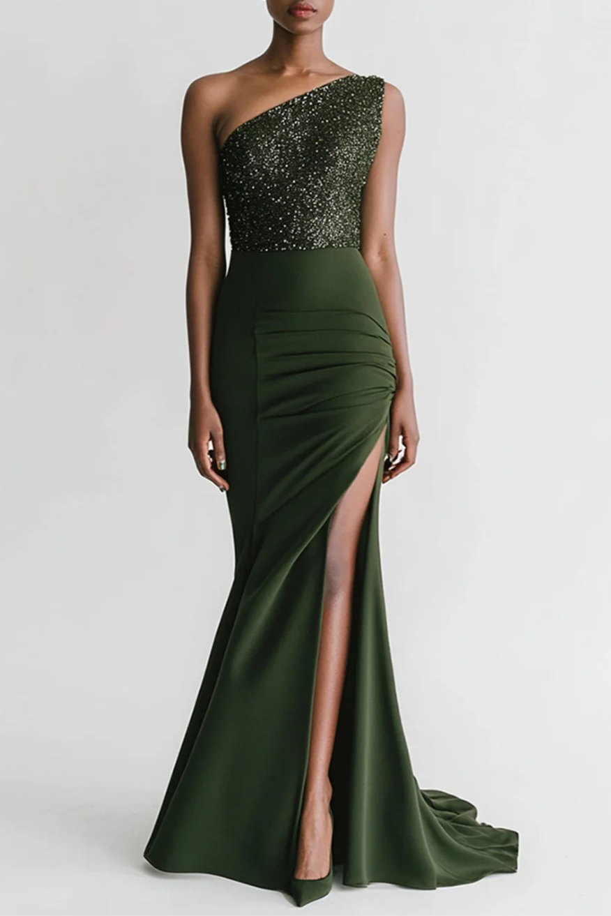 Sparkly Olive Satin Sequins One Shoulder Mermaid Pleated Slit Long Evening Dress With Train