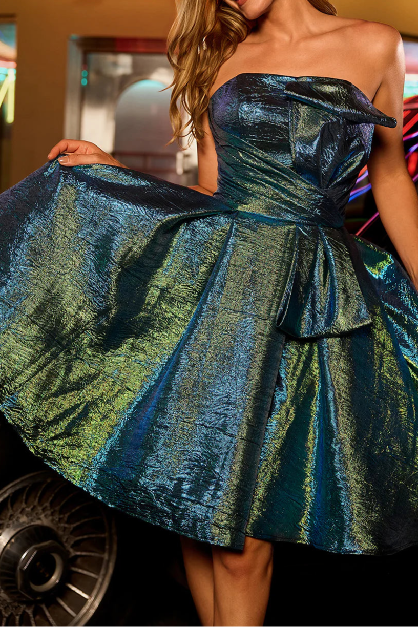 Sparkly Peacock Green Metallic Strapless Ruched A Line Open Back Short Homecoming Dress