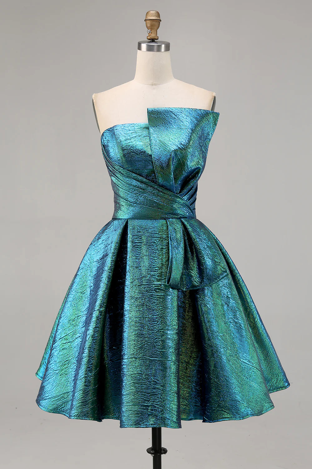 Sparkly Peacock Green Metallic Strapless Ruched A Line Open Back Short Homecoming Dress
