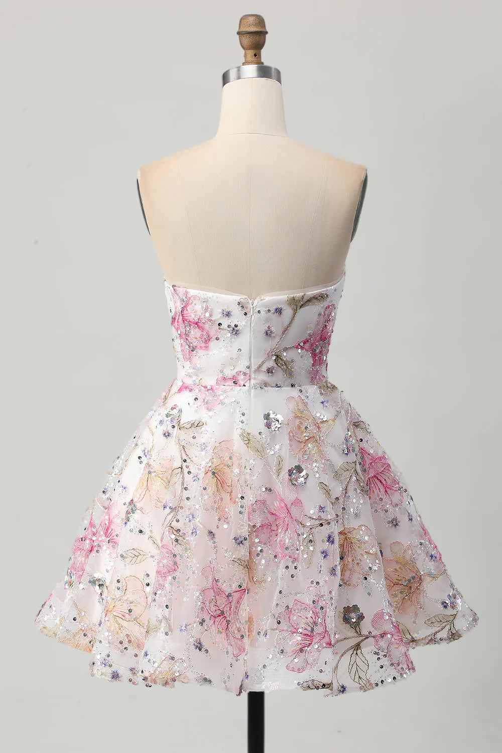 Sparkly Pink Floral Sequins A-Line Strapless Short Homecoming Dress Off the Shoulder Party Dress