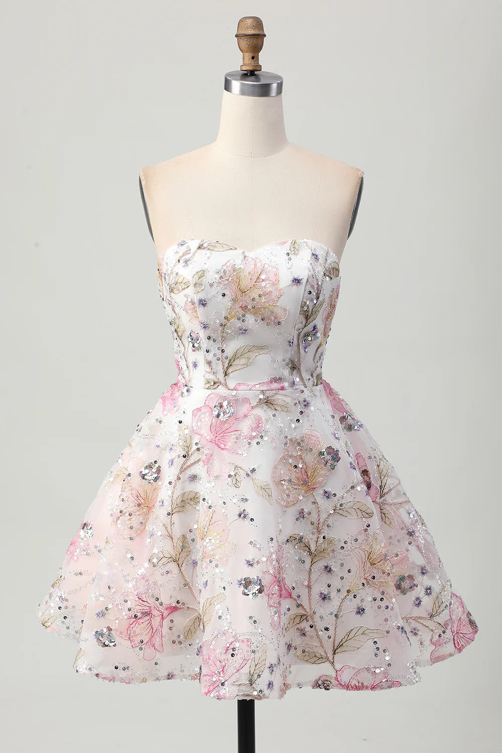 Sparkly Pink Floral Sequins A-Line Strapless Short Homecoming Dress Off the Shoulder Party Dress