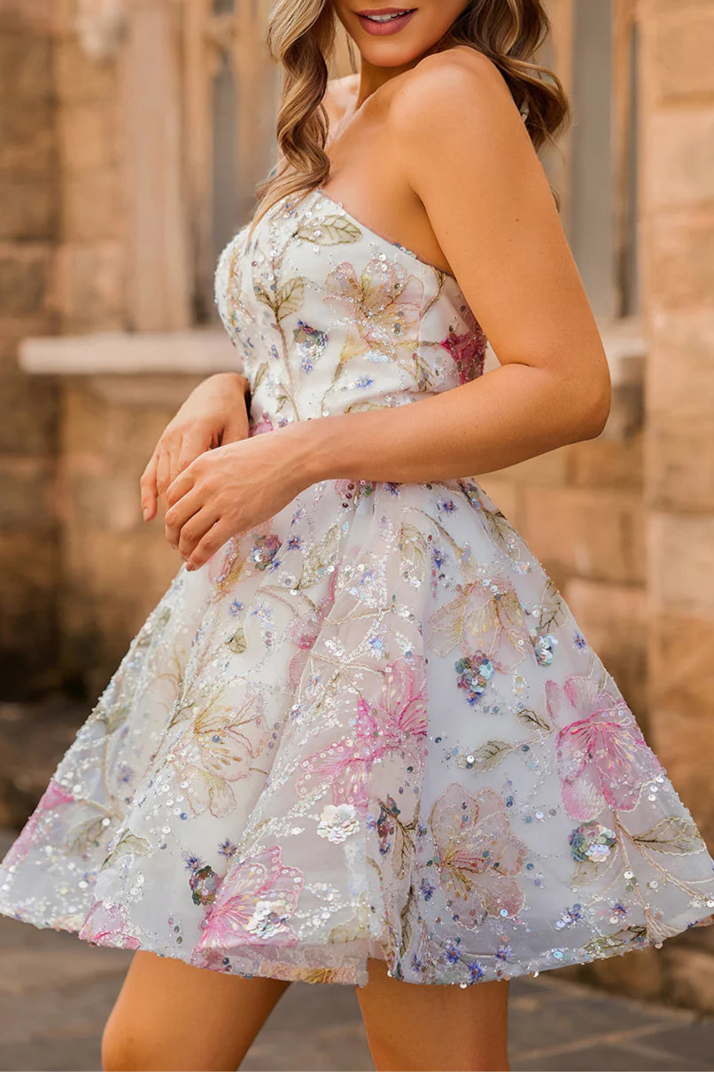 Sparkly Pink Floral Sequins A-Line Strapless Short Homecoming Dress Off the Shoulder Party Dress