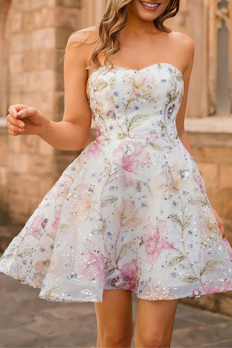 Sparkly Pink Floral Sequins A-Line Strapless Short Homecoming Dress Off the Shoulder Party Dress