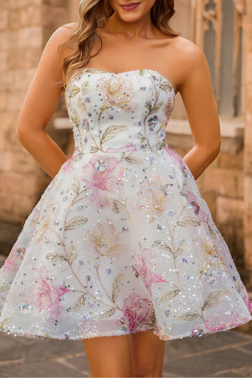 Sparkly Pink Floral Sequins A-Line Strapless Short Homecoming Dress Off the Shoulder Party Dress