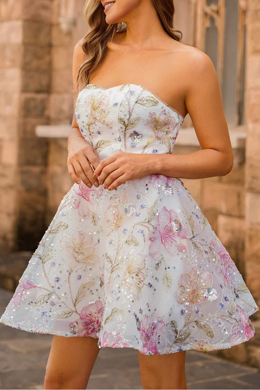 Sparkly Pink Floral Sequins A-Line Strapless Short Homecoming Dress Off the Shoulder Party Dress