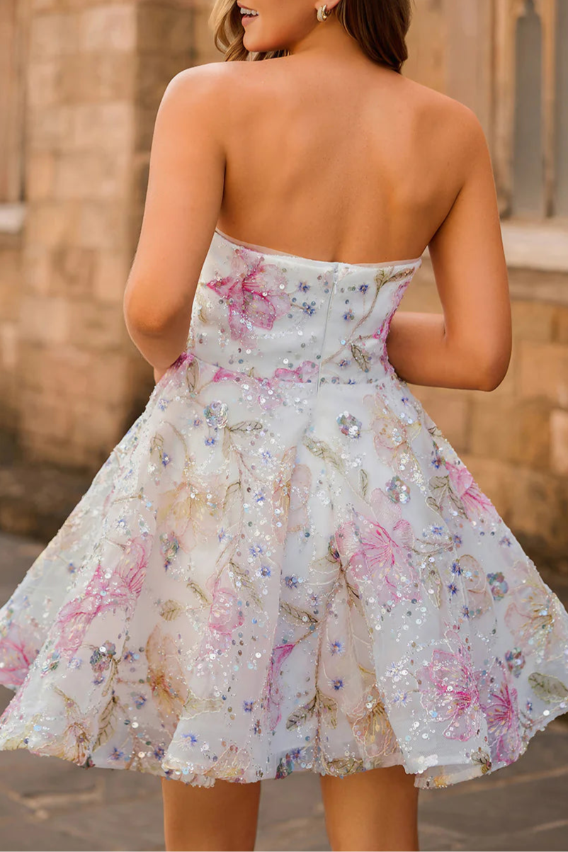 Sparkly Pink Floral Sequins A-Line Strapless Short Homecoming Dress Off the Shoulder Party Dress