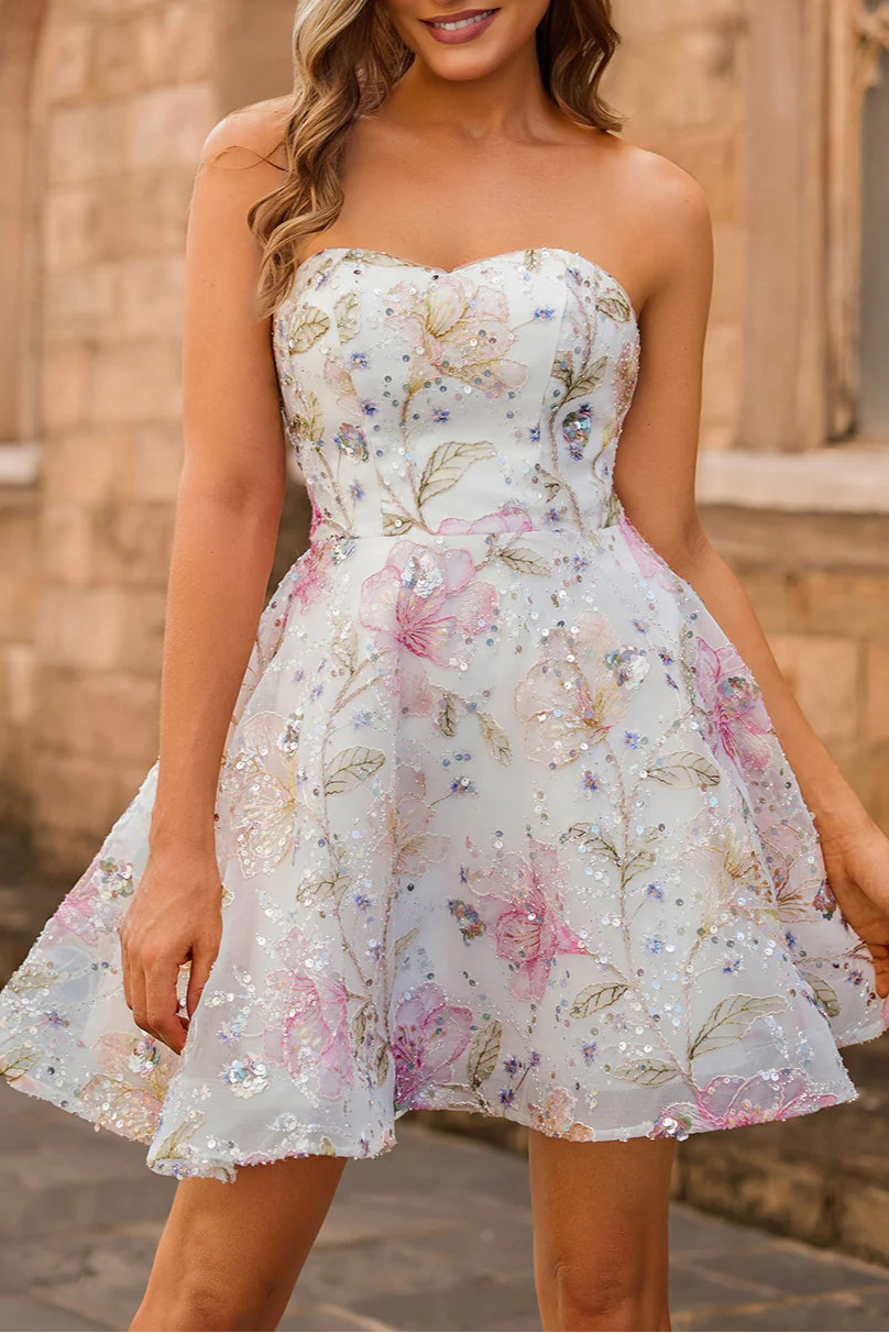Sparkly Pink Floral Sequins A-Line Strapless Short Homecoming Dress Off the Shoulder Party Dress