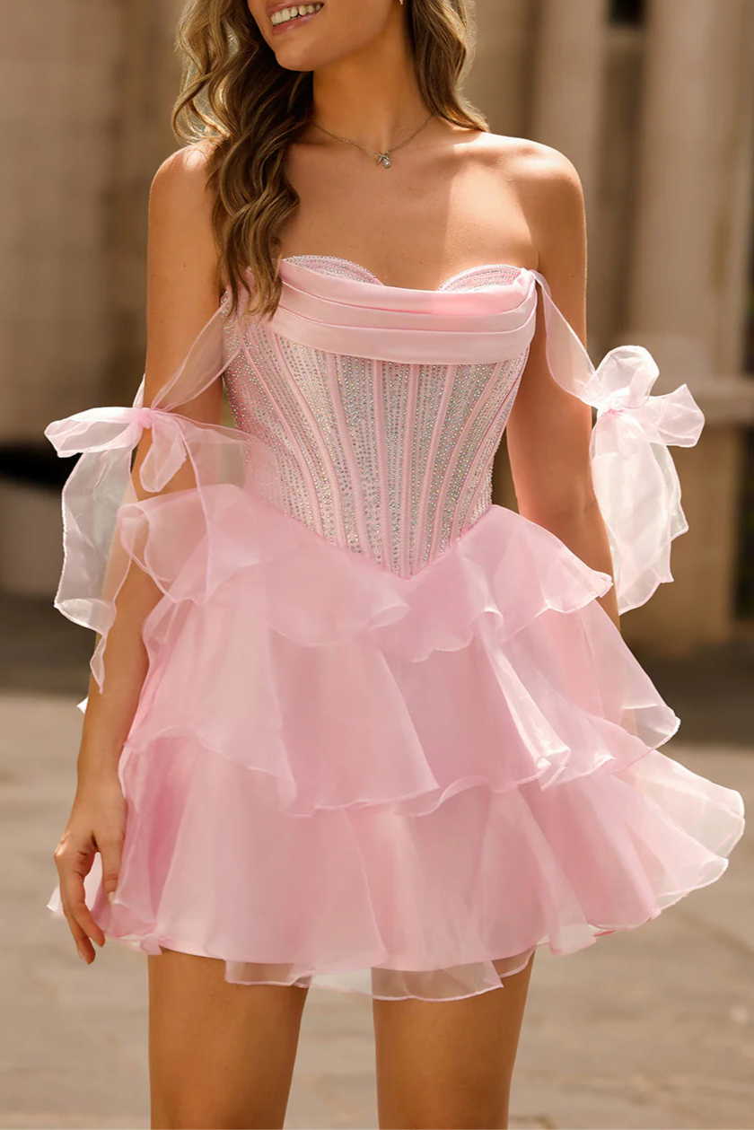 Sparkly Pink Off The Shoulder Corset A Line Tiered Evening Dress Homecoming Dress With Beaded