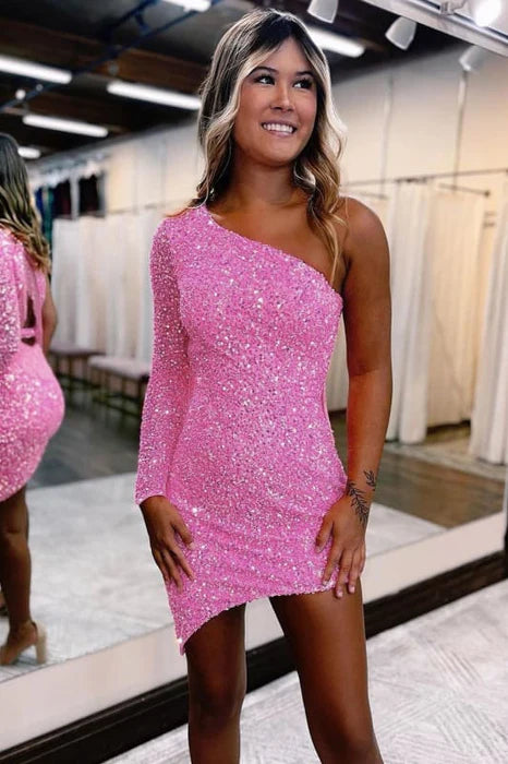 Sparkly Pink One Shoulder Long Sleeves Cut Out Tight Short Homecoming Dress With Fringes