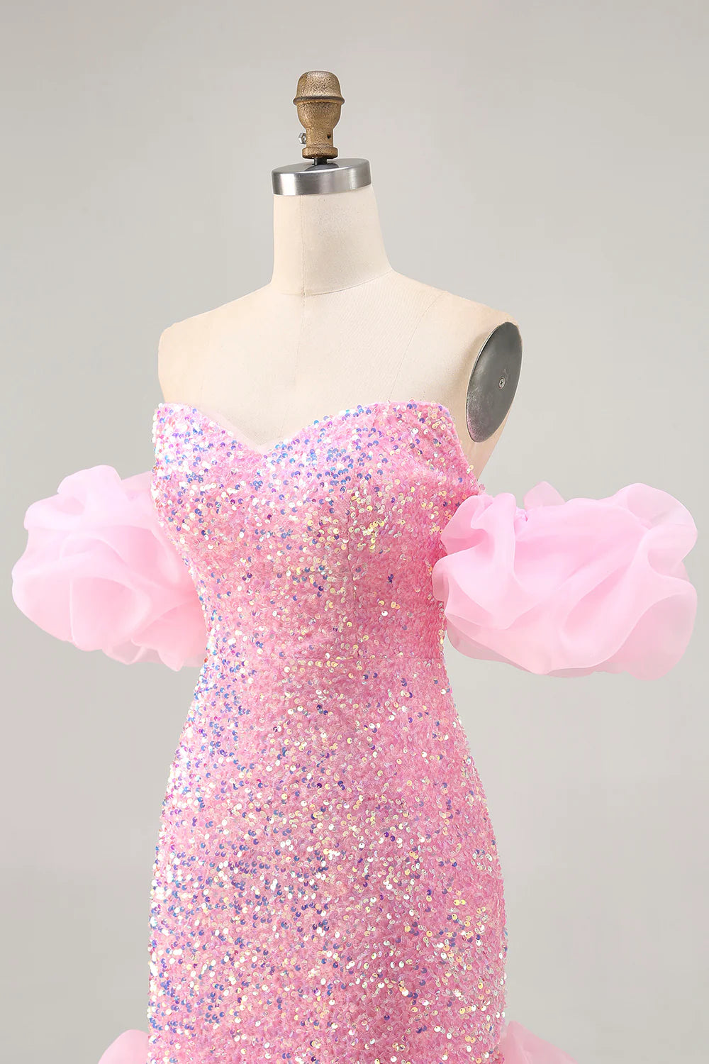 Sparkly Pink Sequins V Neck Off The Shoulder Tight Short Homecoming Dress Lovely Party Dress