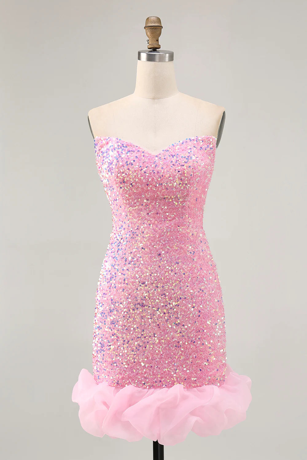 Sparkly Pink Sequins V Neck Off The Shoulder Tight Short Homecoming Dress Lovely Party Dress