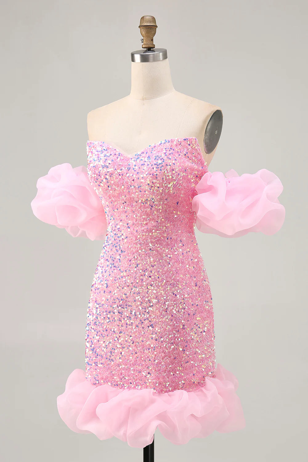 Sparkly Pink Sequins V Neck Off The Shoulder Tight Short Homecoming Dress Lovely Party Dress