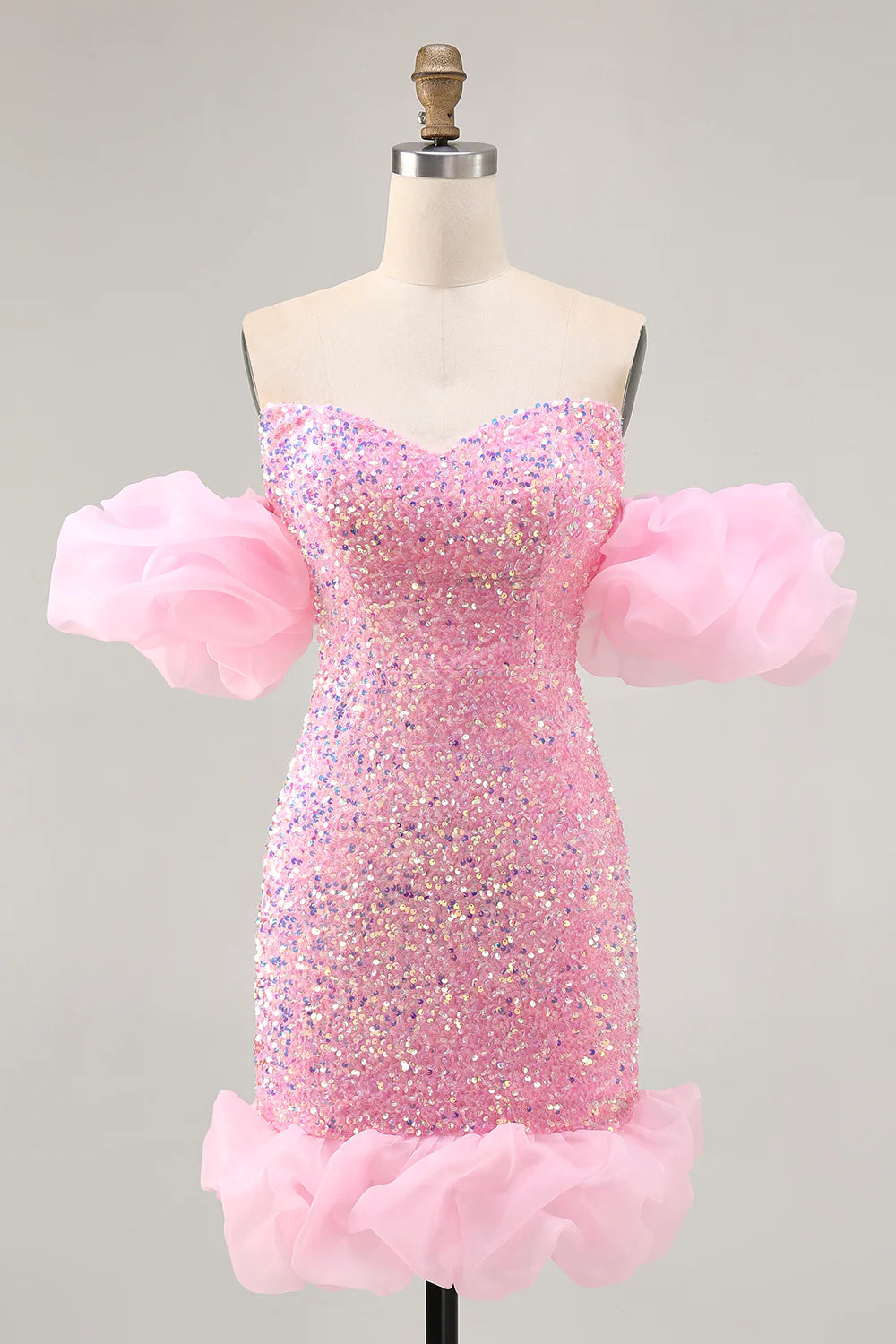 Sparkly Pink Sequins V Neck Off The Shoulder Tight Short Homecoming Dress Lovely Party Dress