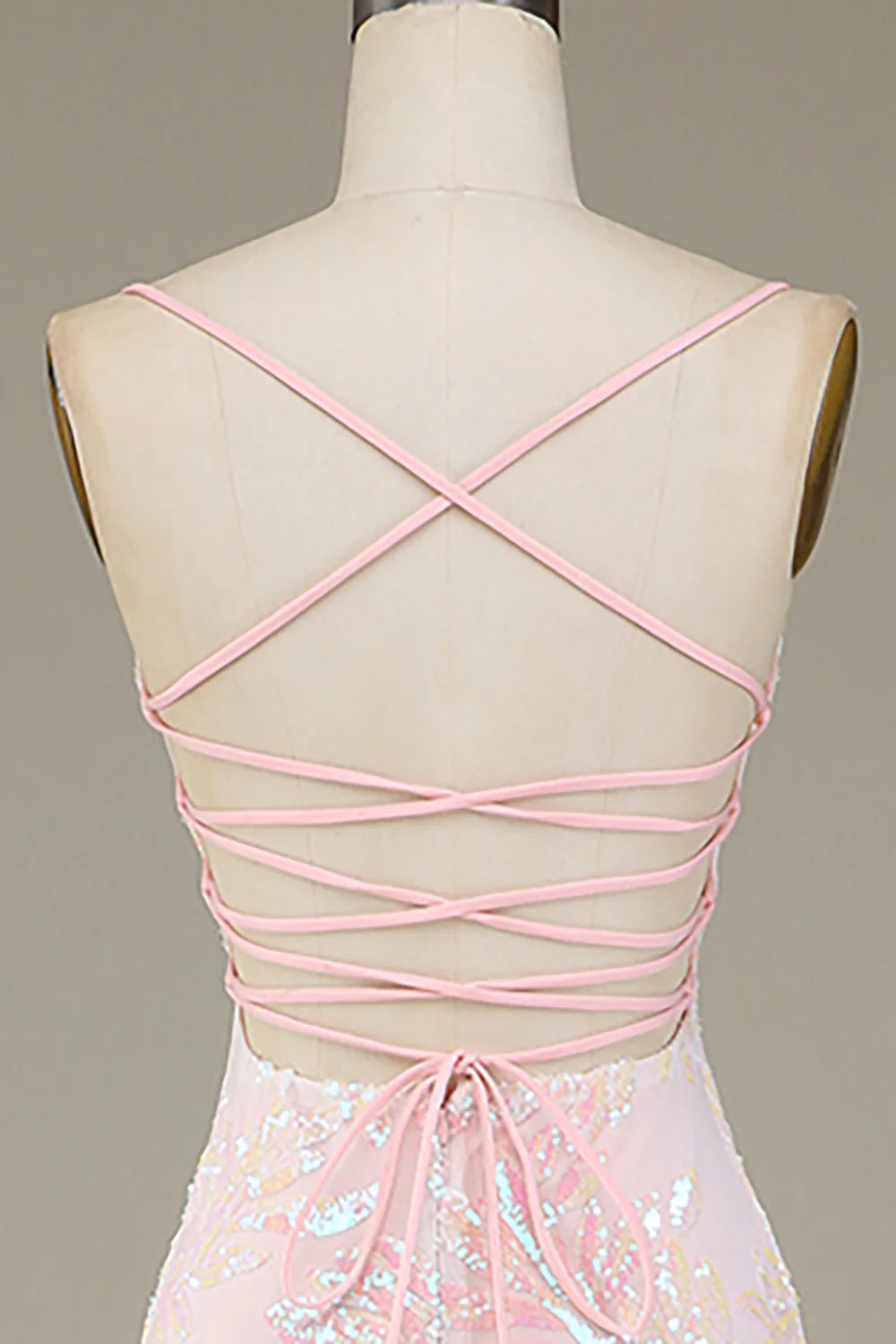 Sparkly Pink Sequins With Applique Spaghetti Straps Mermaid Prom Dress with Side Slit