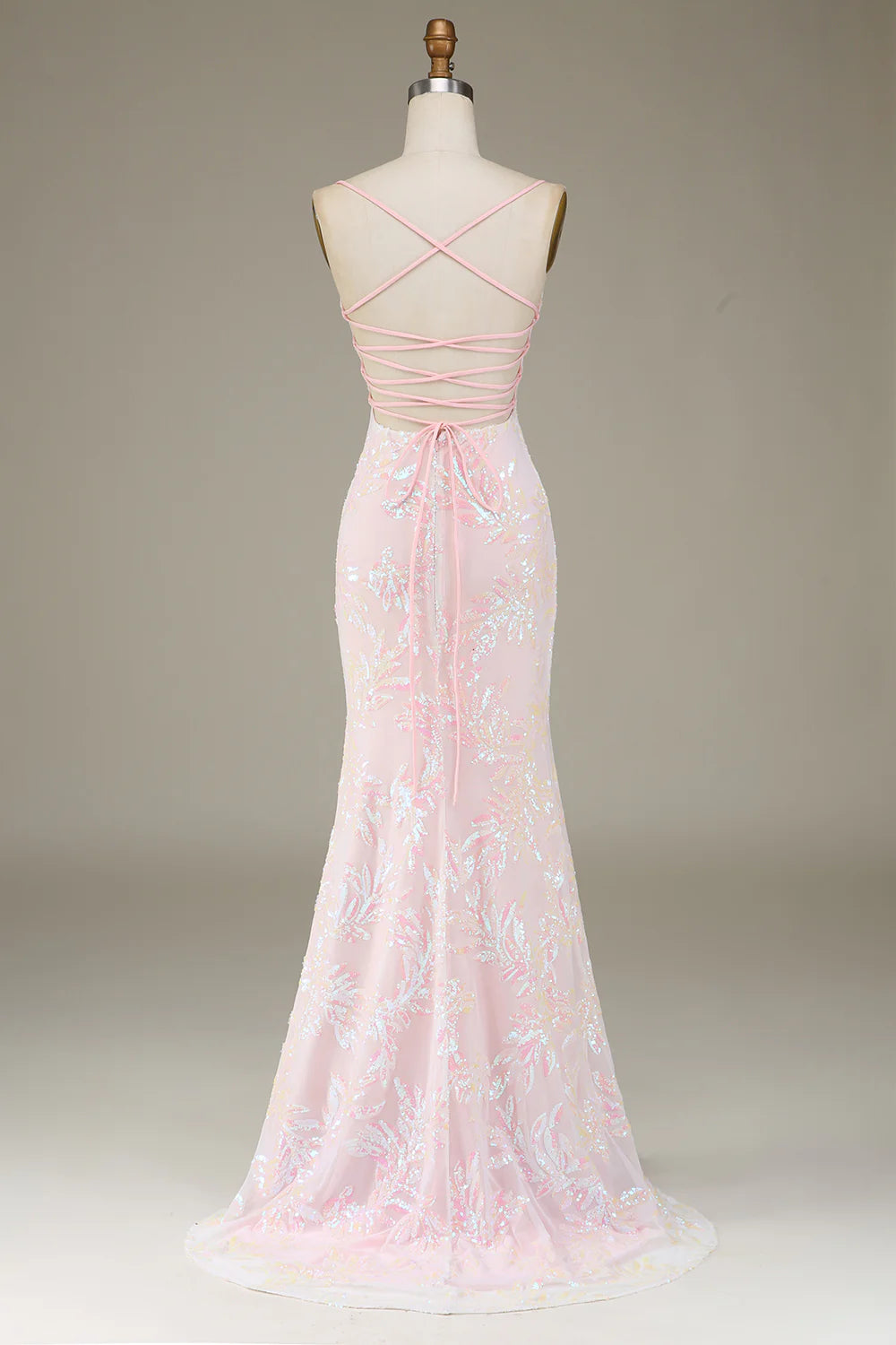 Sparkly Pink Sequins With Applique Spaghetti Straps Mermaid Prom Dress with Side Slit