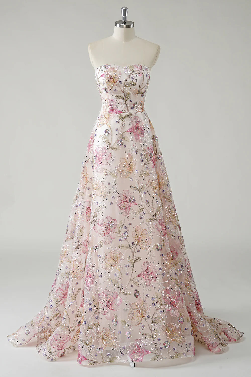 Sparkly Pink Strapless Floral Embroidery And Sequins A-Line Long Prom Dress