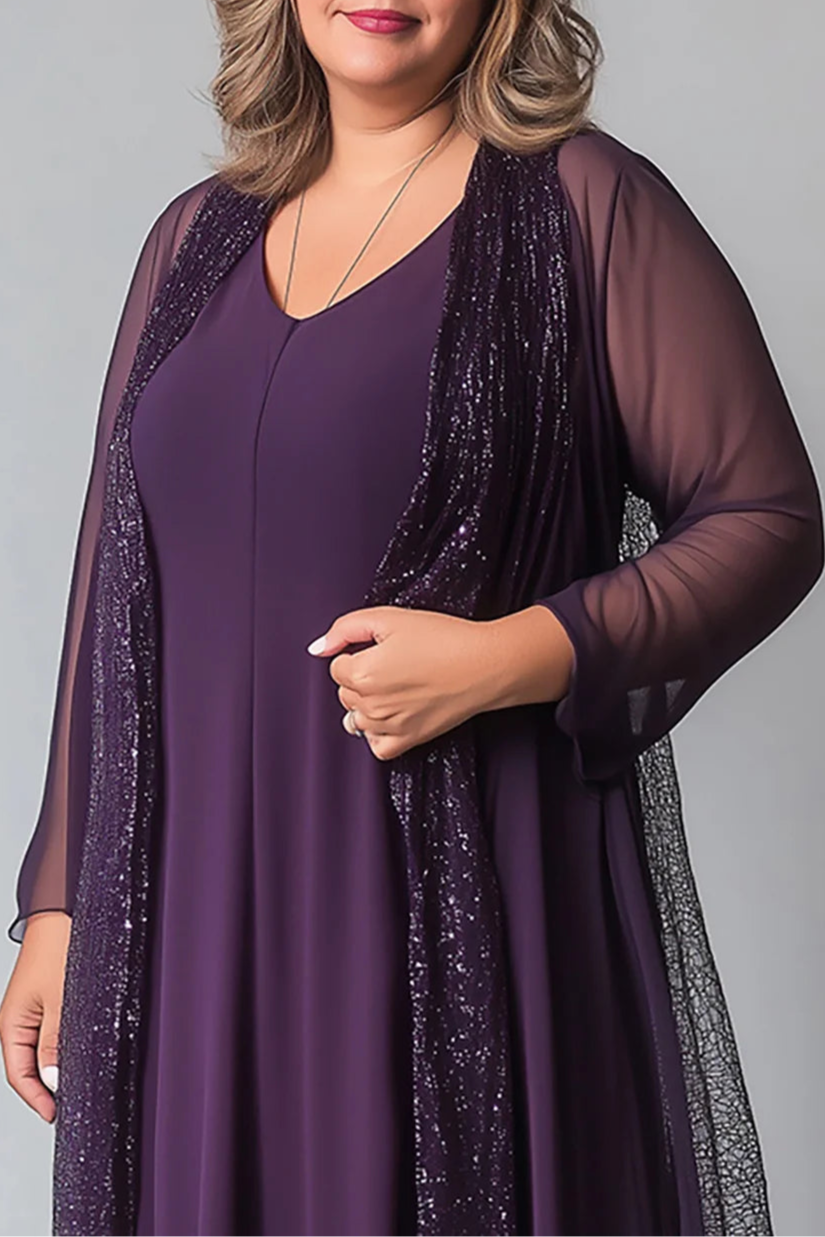 Sparkly Purple Chiffon A Line V Neck Long Sleeves Midi Mother of The Bride Dress