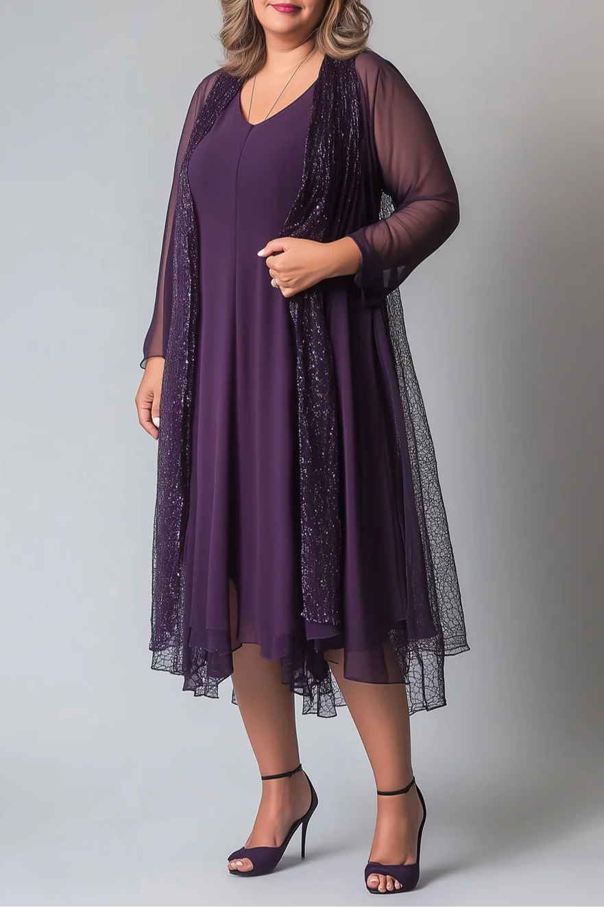 Sparkly Purple Chiffon A Line V Neck Long Sleeves Midi Mother of The Bride Dress