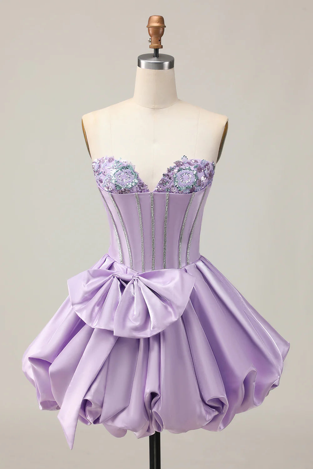 Sparkly Purple Sweetheart Collar A-Line Strapless Sequins Short Homecoming Party Dress With Bow