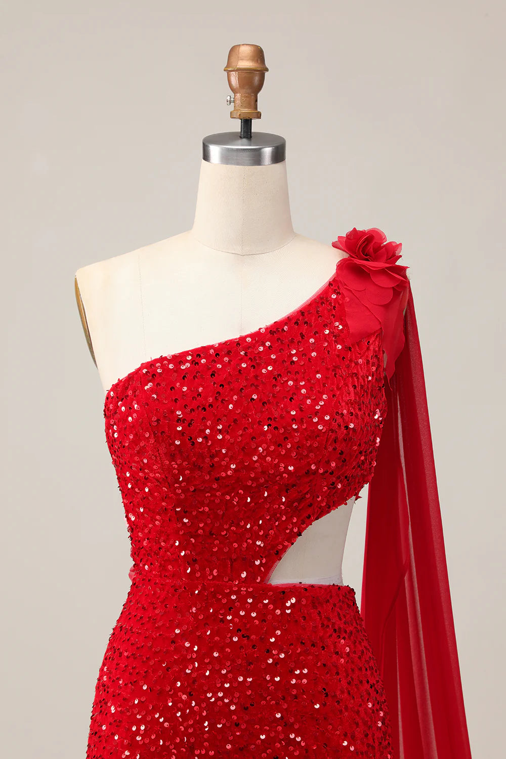 Sparkly Red Sequin One Shoulder Cut Out Tight Short Homecoming Party Dress With Streamer