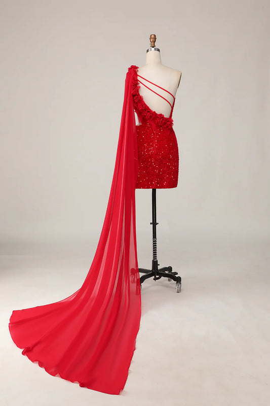 Sparkly Red Sequin One Shoulder Cut Out Tight Short Homecoming Party Dress With Streamer