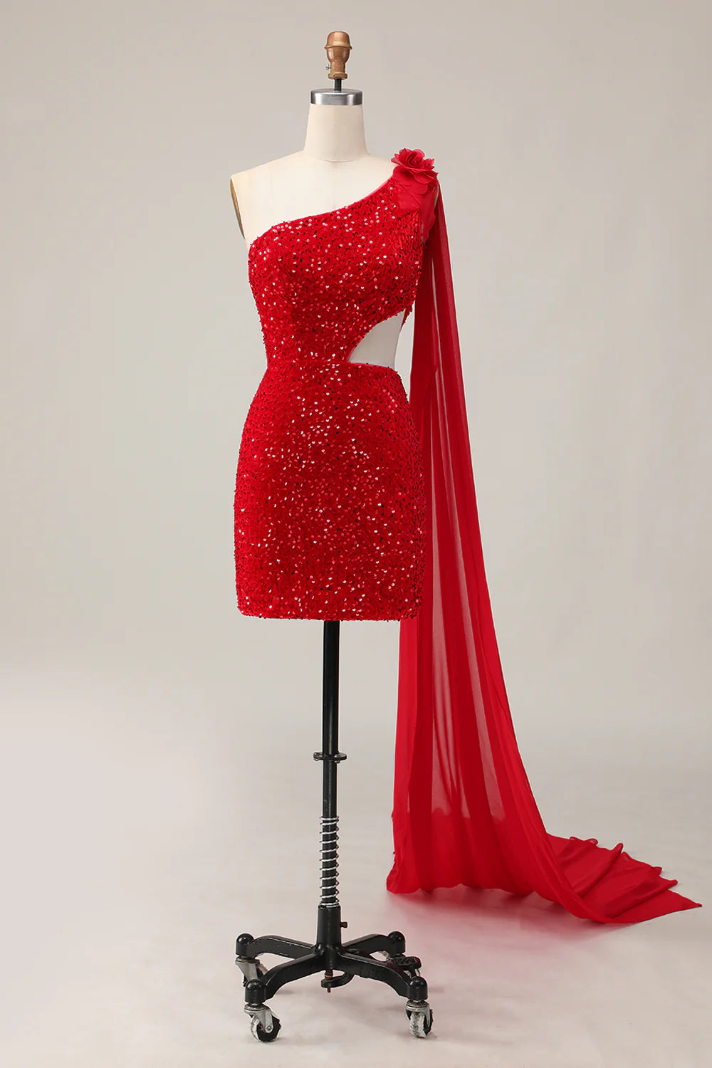 Sparkly Red Sequin One Shoulder Cut Out Tight Short Homecoming Party Dress With Streamer