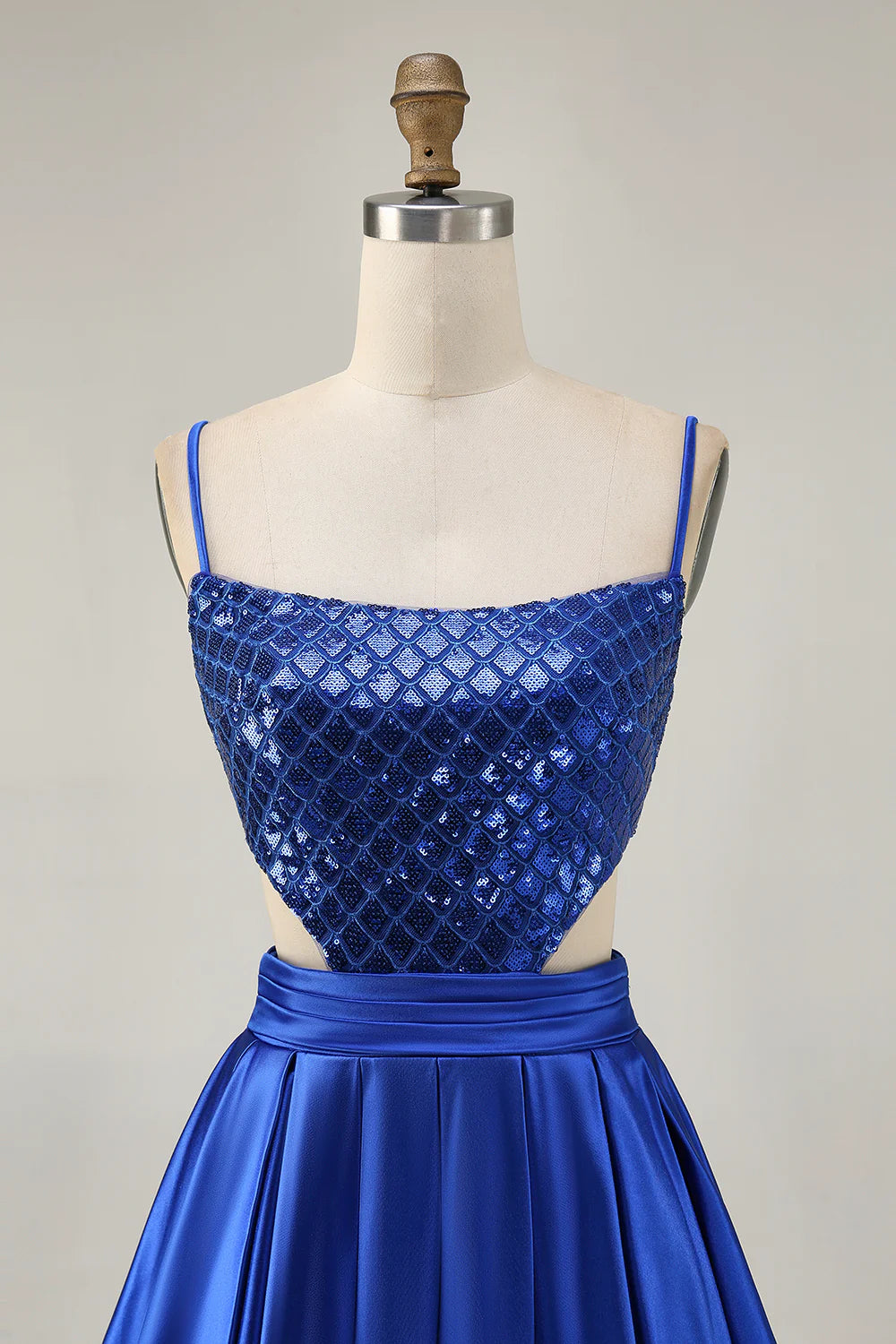 Sparkly Royal Blue Spaghetti Straps A-Line Sequins Cut Out Pleated Short Homecoming Party Dress