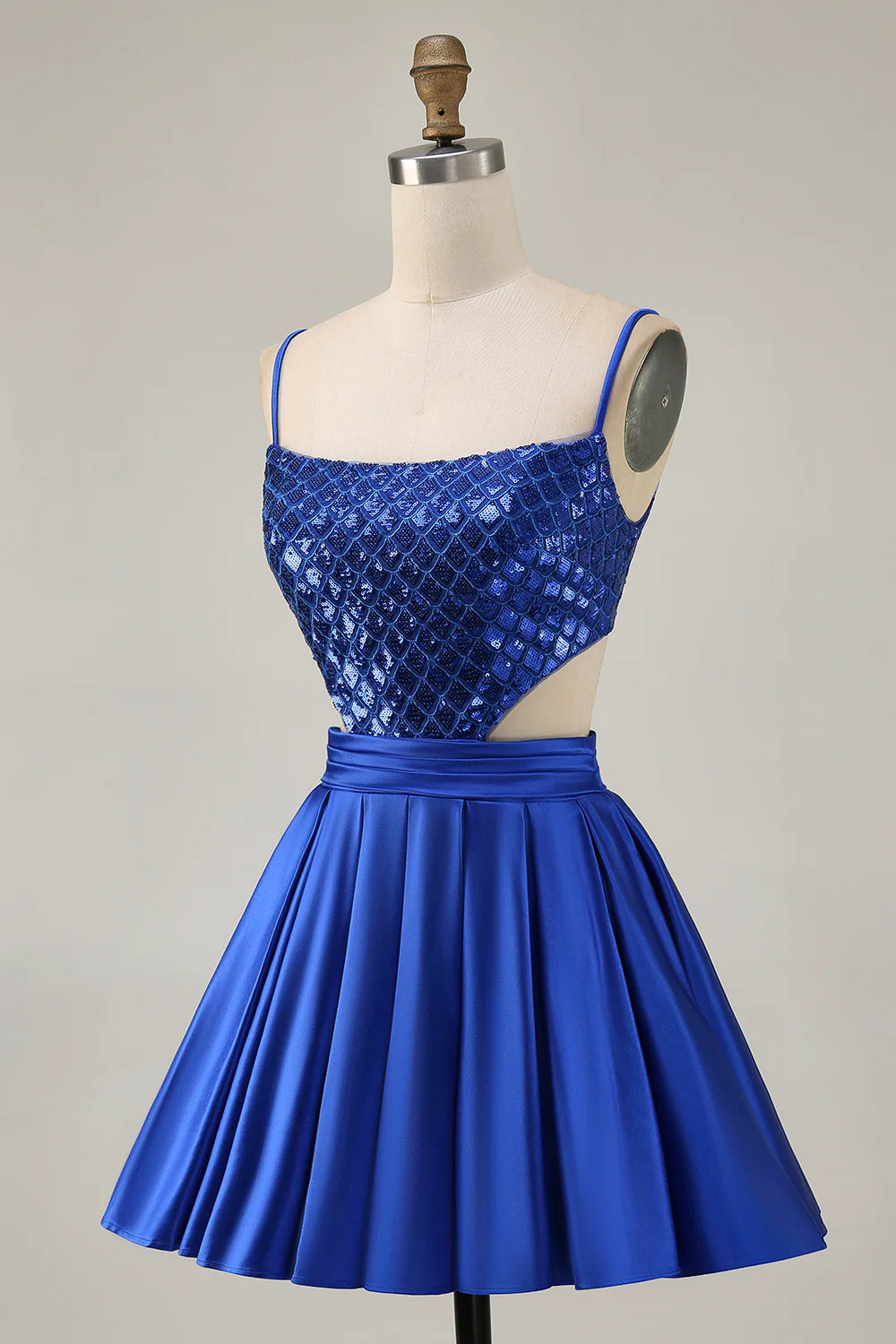 Sparkly Royal Blue Spaghetti Straps A-Line Sequins Cut Out Pleated Short Homecoming Party Dress