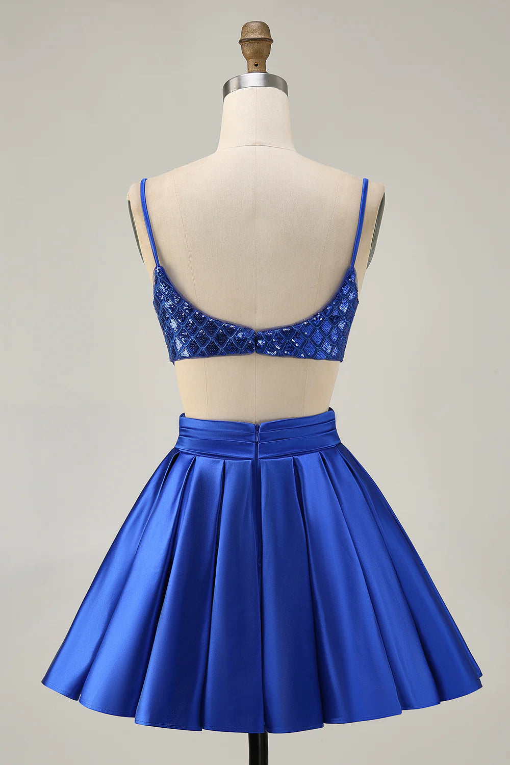 Sparkly Royal Blue Spaghetti Straps A-Line Sequins Cut Out Pleated Short Homecoming Party Dress