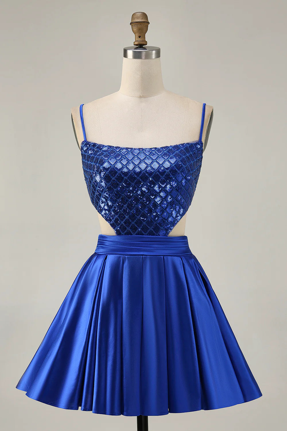 Sparkly Royal Blue Spaghetti Straps A-Line Sequins Cut Out Pleated Short Homecoming Party Dress