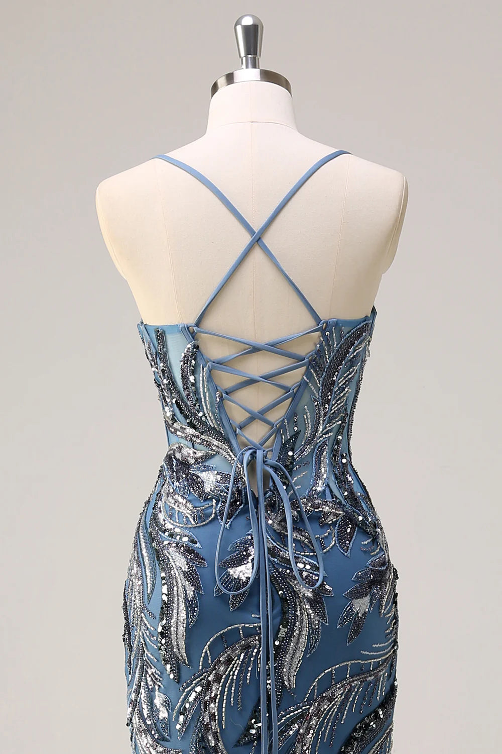 Sparkly Sage With Beaded Spaghetti Straps Mermaid Long Prom Dress with Slit