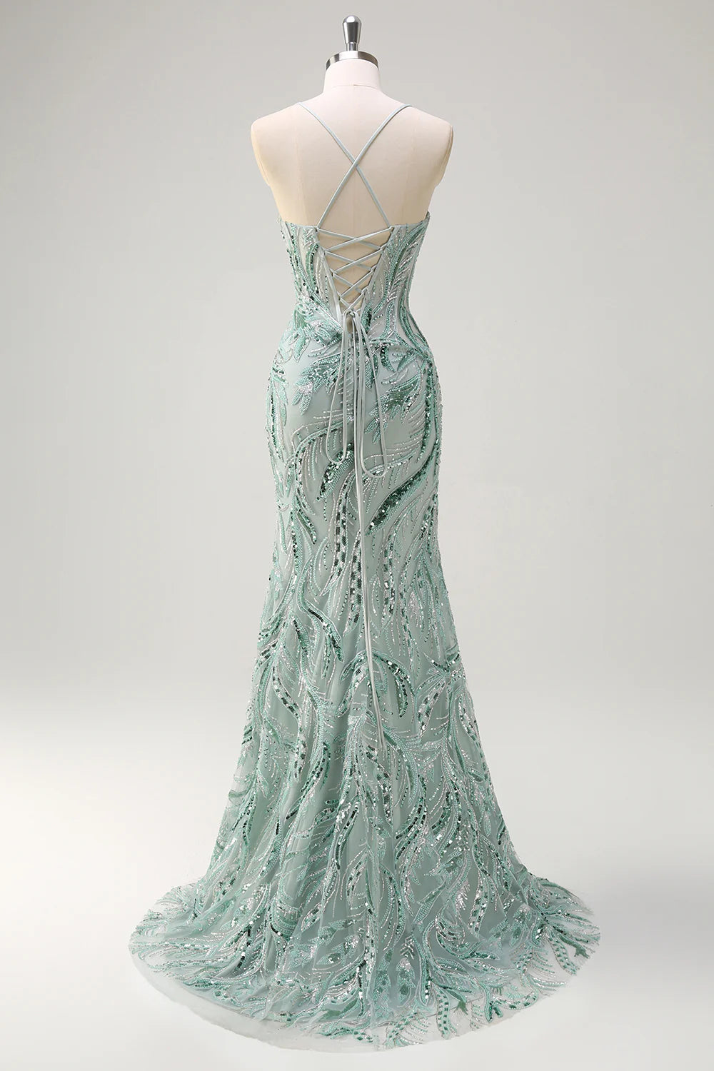 Sparkly Sage With Beaded Spaghetti Straps Mermaid Long Prom Dress with Slit