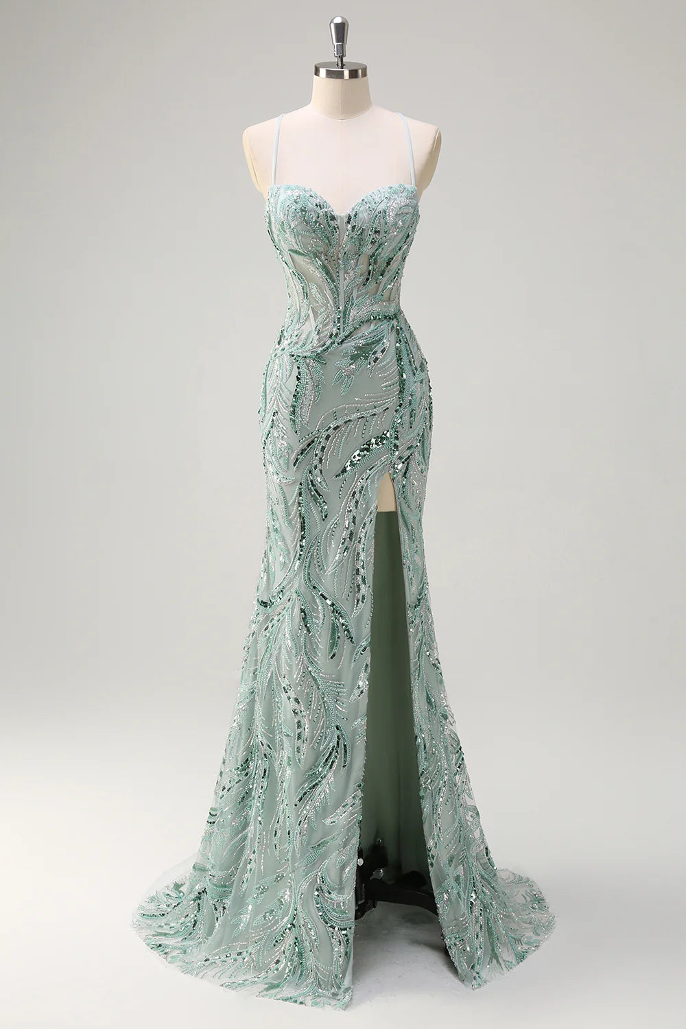 Sparkly Sage With Beaded Spaghetti Straps Mermaid Long Prom Dress with Slit