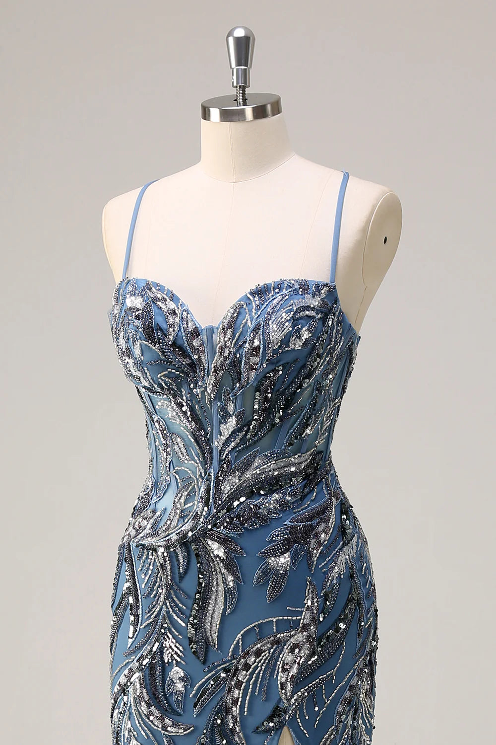 Sparkly Sage With Beaded Spaghetti Straps Mermaid Long Prom Dress with Slit