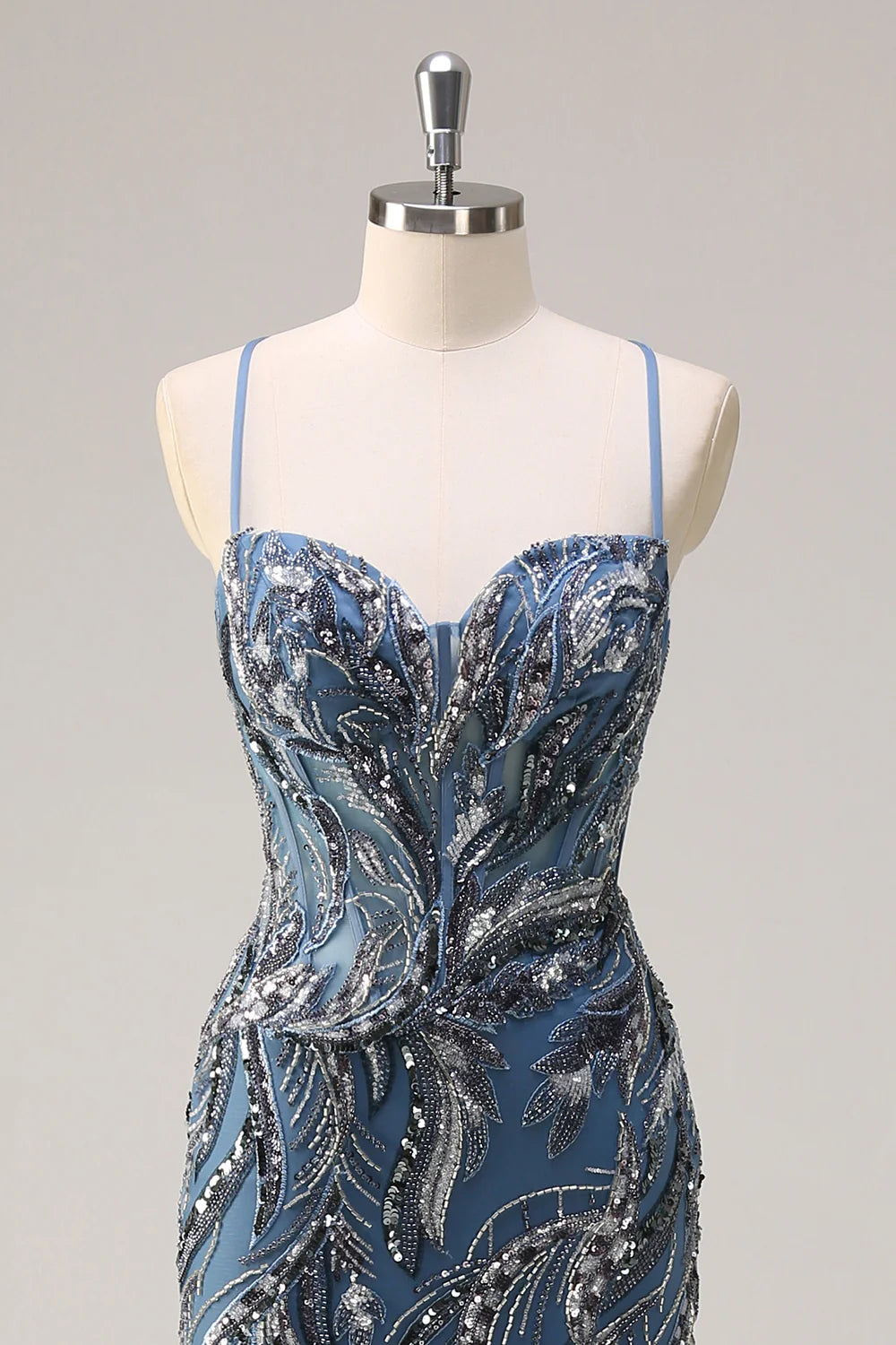 Sparkly Sage With Beaded Spaghetti Straps Mermaid Long Prom Dress with Slit