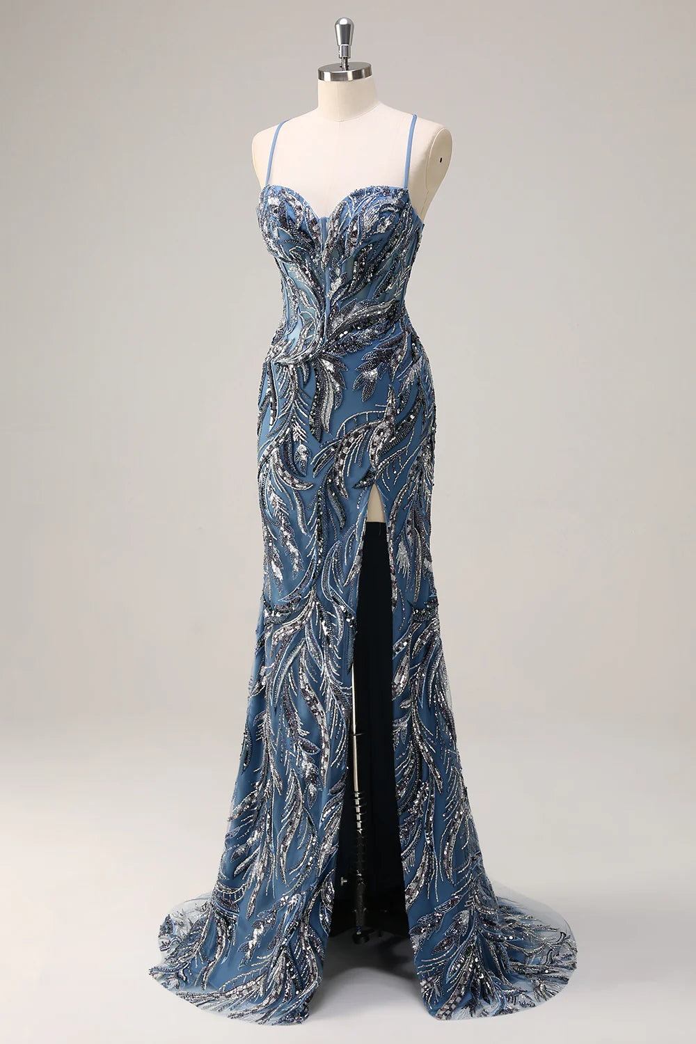 Sparkly Sage With Beaded Spaghetti Straps Mermaid Long Prom Dress with Slit