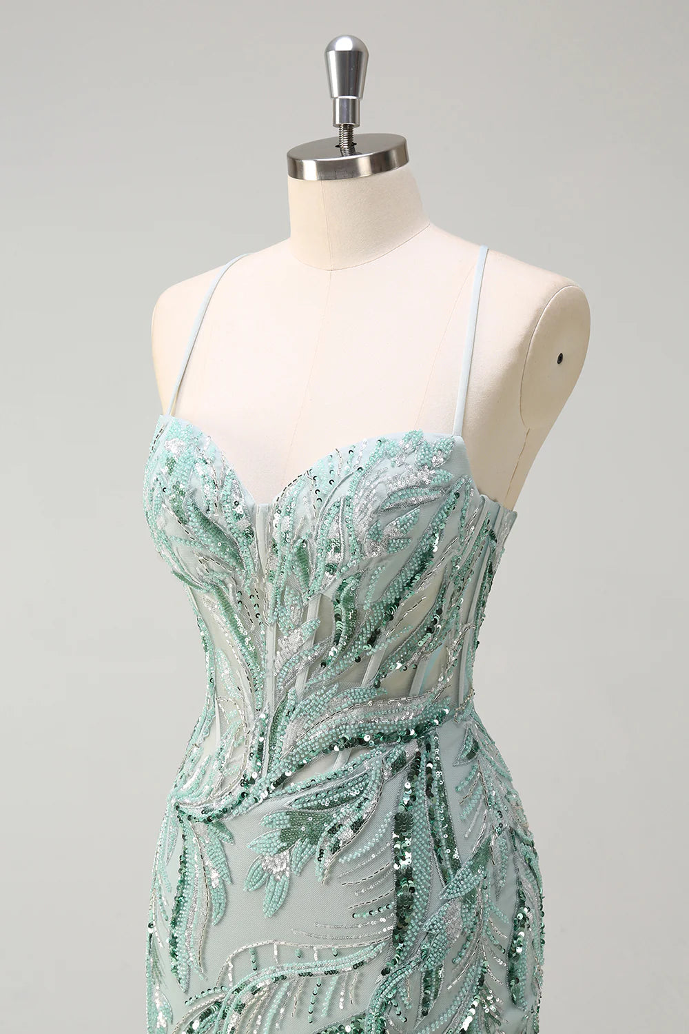 Sparkly Sage With Beaded Spaghetti Straps Mermaid Long Prom Dress with Slit