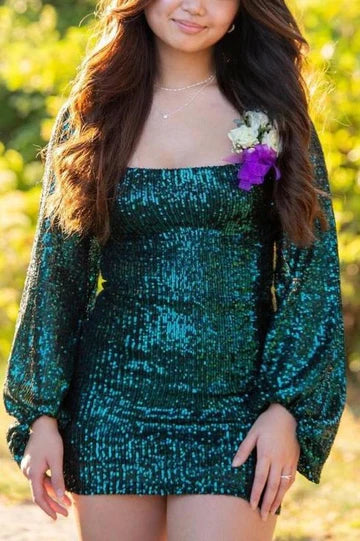 Sparkly Satin Sequins With Applique Scoop Sequin Long Sleeve Homecoming Dress