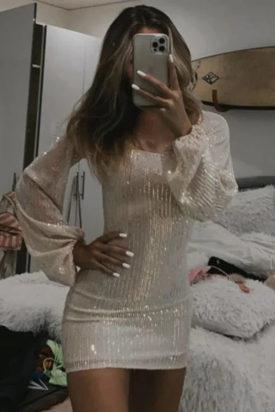 Sparkly Satin Sequins With Applique Scoop Sequin Long Sleeve Homecoming Dress