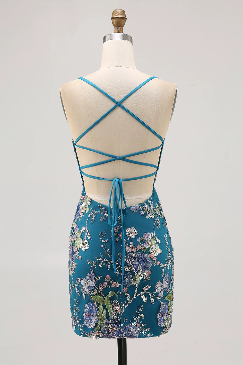 Sparkly Sequins Floral Bodycon V Neck Spaghetti Straps Short Homecoming Dress With Lace Up Back