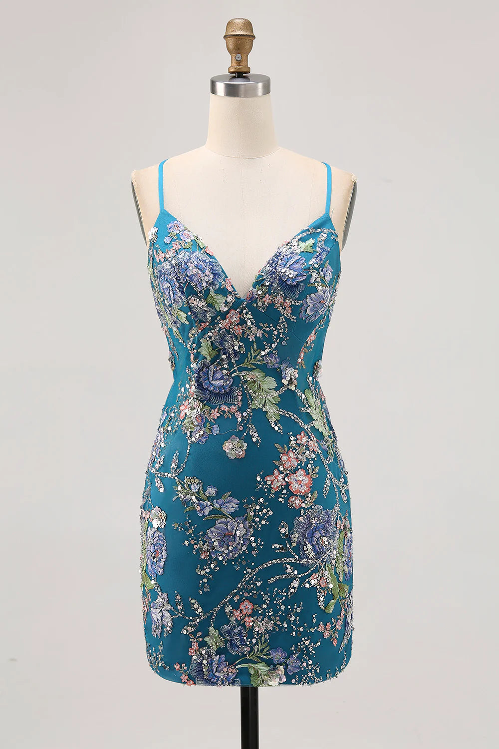 Sparkly Sequins Floral Bodycon V Neck Spaghetti Straps Short Homecoming Dress With Lace Up Back