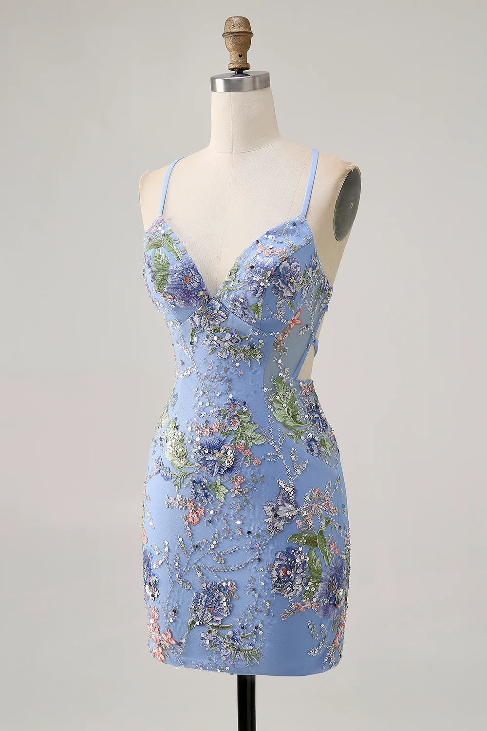 Sparkly Sequins Floral Bodycon V Neck Spaghetti Straps Short Homecoming Dress With Lace Up Back