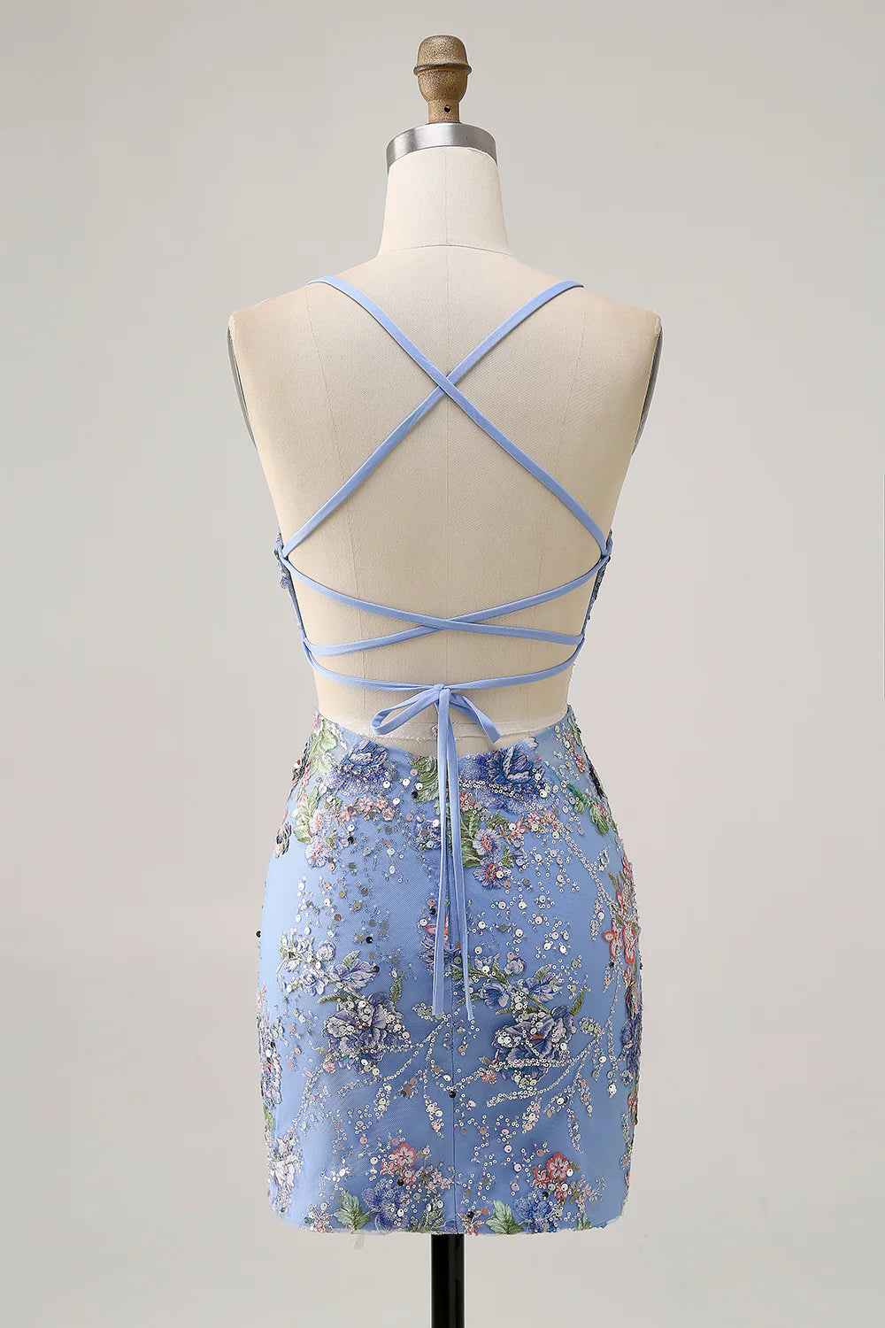 Sparkly Sequins Floral Bodycon V Neck Spaghetti Straps Short Homecoming Dress With Lace Up Back